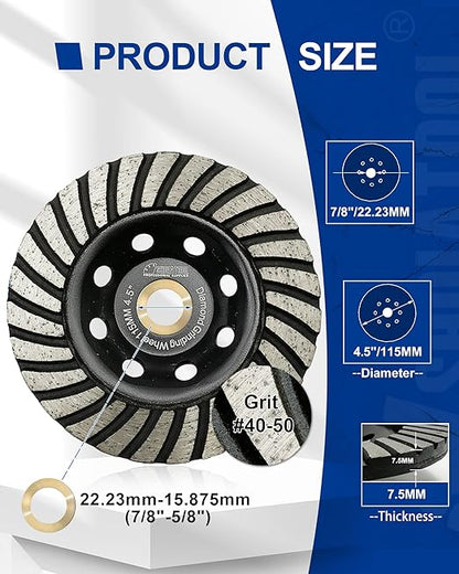 SHDIATOOL 4-1/2 Inch Turbo Row Diamond Grinding Cup Wheel for Concrete Granite Marble Masonry Brick Fits 7/8 Inch Arbor
