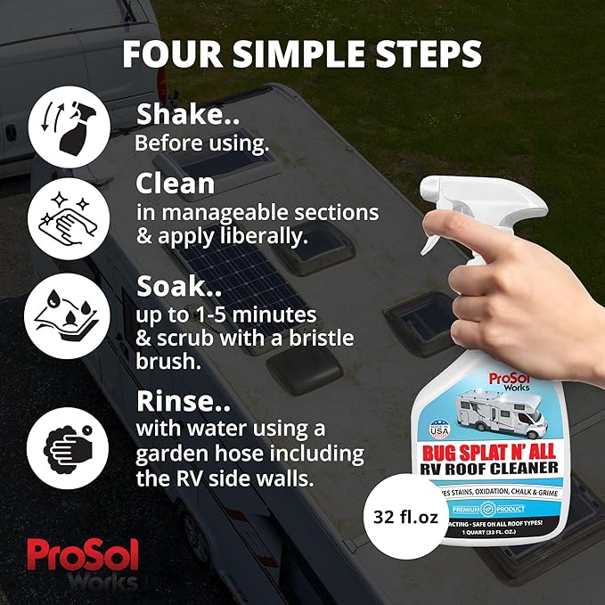 Bug Splat N' All RV Roof Cleaner 32 fl oz - RV Roof Cleaning Spray for Oxidation, Tree Sap, Bird Droppings, Black Streaks, Tough Stains & More - RV Wash for a Spotless Shine - Safe on All Surfaces