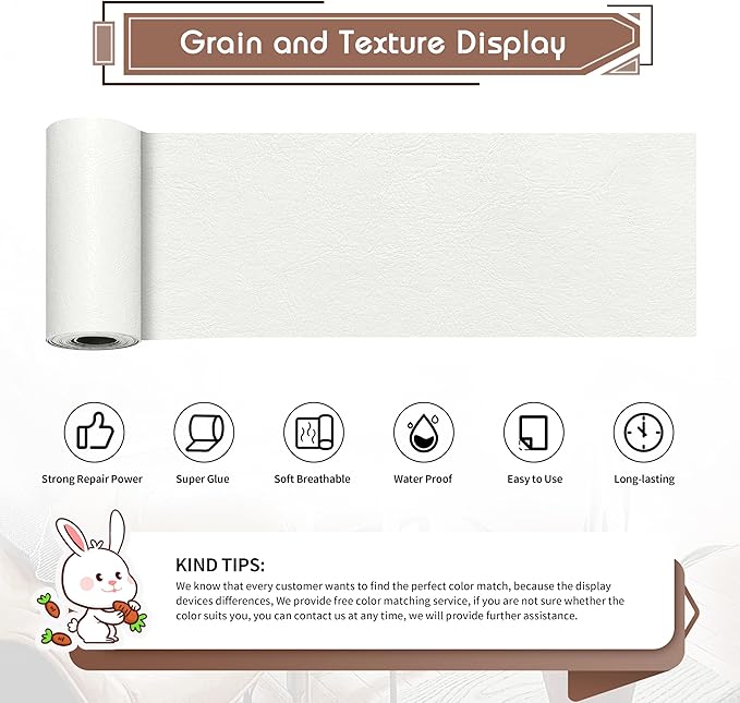 KING MOUNTAIN Leather Repair Patch,4 x 63 Inches self Adhesive Leather Repair Tape for Damaged Leather Furniture, Sofa Seating,Car Seats, Leather Goods（White）