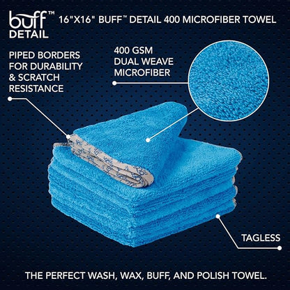 Detail Microfiber Car Towels Bulk (16" x 16") | 400 GSM | 80/20 Blend | Tagless | Soft Satin Piped Edges | All-Purpose Auto Detailing - Wax, Buff, Polish, Wash, Dry | Case of 144 (Blue)