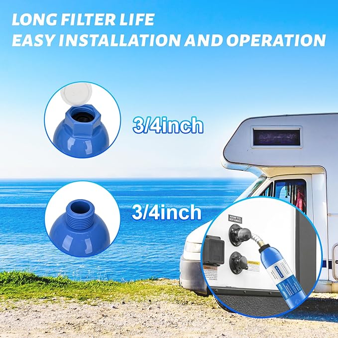 RV Inline/Marine Water Filter With Flexible Hose Protector, Reduce Bad Taste, Odors, Rust, Fluoride, Chlorine and Sediment in Drinking Water (2 Pack)