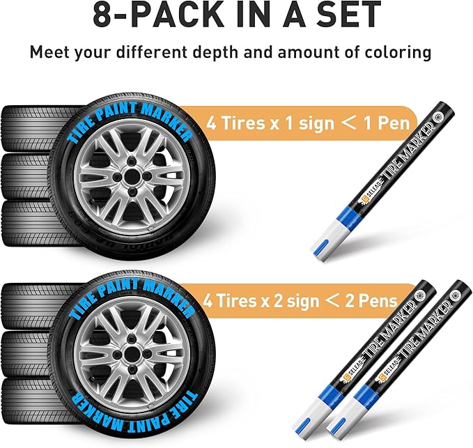 SELEAD Tire Marker White Red Yellow Blue - 8 Pack Paint Pens for Car Tires Lettering, Premium Professional Oil Based Waterproof Colored Permanent Markers