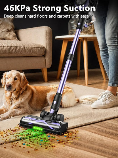 Cordless Vacuum Cleaner, 46KPa/500W Stick Vacuum with 55 Mins Runtime, Self-Standing Vacuum Cleaner for Home, LED Display, Anti-Tangle Brush, Rechargeable Vacuum for Hardwood Floor, Pet Hai (Purple)