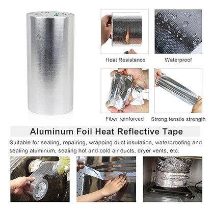 BOMEI PACK Adhesive Aluminum Foil Heat Shield Tape Barrier, Fiberglass Thermal Insulation Reflective Material High Temp Protection (9inch x 66ft)