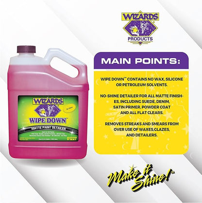 Wizards Wipe Down Spray - Matte Spray Paint Wrap For Cars - Auto Detailing Supplies For Flat Clear, Suede and Denim Finishes - Removes Dust and Oily Residue - Safe For All Paints - 1 Gallon