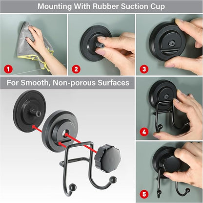 HASKO Suction Cup Hook for Shower, Stainless Steel Bathroom Suction Towel Hooks Hanger, Organizer for Towel, Bathrobe and Loofah, Includes Optional No Drill Adhesive Mount for Inside Shower, Black