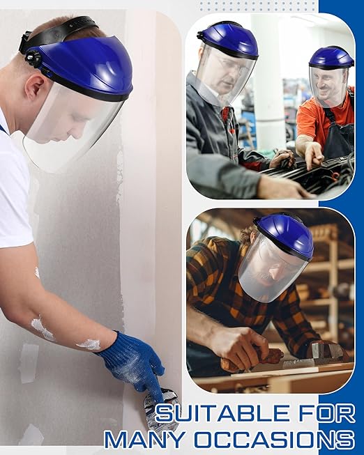 Tellegloww 4 Pcs Safety Face Shield for Grinding and Cutting, Clear Impact Resistant Visor, Full Face Shield Mask with Ratchet Headgear for Grinding, Isolation, Weed Whacking, Industrial Use (Blue)