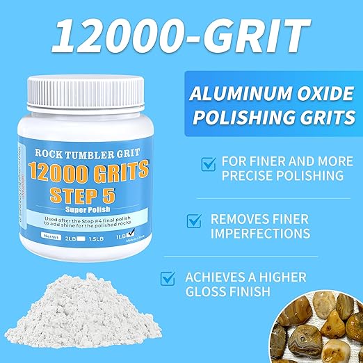Rock Tumbler Polish - 12000 Grit Aluminum Oxide for Final Finish, Step 5 Polishing Grit for Rocks, Gems, Glass & Jewelry Making - Ultra-Premium Refill, 1 Lb