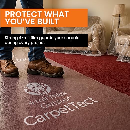 Gutster CarpetTect Floor Protection 24" x 200' | Heavy-Duty 4Mil Carpet Protection Film with Strong Adhesive | Plastic Carpet Protector & Surface Shield for Construction, Pets & Hardwood Floors