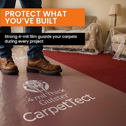 Gutster CarpetTect Floor Protection 24" x 200' | Heavy-Duty 4Mil Carpet Protection Film with Strong Adhesive | Plastic Carpet Protector & Surface Shield for Construction, Pets & Hardwood Floors