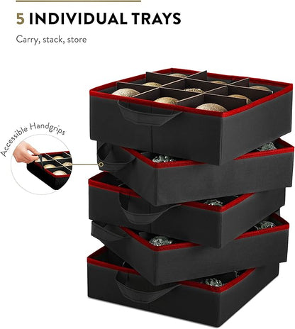 ZOBER All in One Christmas Ornament Storage Box & Decoration Container - Easy Access Removable Trays, Keeps 73 Ornaments - Adjustable Extent Area for Figurines and Pockets for Decoration - Black