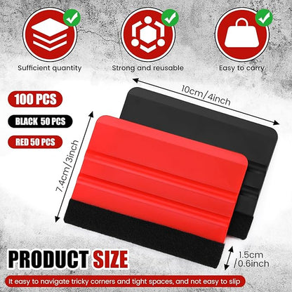 Lasnten 100 Pcs Squeegee for Vinyl Decal Tools 4 Inch Felt Edge Squeegee for Car Window Windshield Glass Cleaning Tool Vinyl Scraper Applicator Tool with Black Fabric Felt Edge(Red Black)