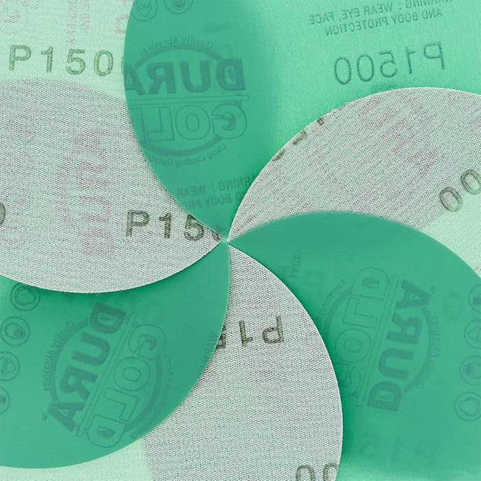 Dura-Gold Premium 5" Green Film Sanding Discs - 1500 Grit (Box of 50) - Hook & Loop Backing Sandpaper Discs for DA Sanders, Finishing Cut Abrasive, Sand Automotive Paint Car Detailing Woodworking Wood