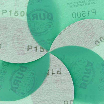 Dura-Gold Premium 5" Green Film Sanding Discs - 1500 Grit (Box of 50) - Hook & Loop Backing Sandpaper Discs for DA Sanders, Finishing Cut Abrasive, Sand Automotive Paint Car Detailing Woodworking Wood