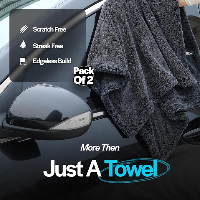 Crystal Clean 1300GSM Microfiber Towels for Cars – XL Drying Towel with Double Twisted Loop, Professional Detailing Towel Car Detailers - Quick Dry, Paint Safe & Swirl-Free (2 Pack Grey)