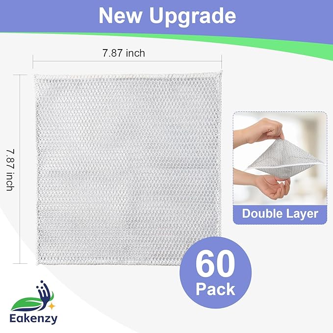 Eakenzy Non Scratch Wire Dishcloth, Multipurpose Wire Dishwashing Rag for Wet and Dry, Steel Cloth for Washing Dishes, Rust Removal Cleaning Cloth Kitchen, No Odor, Double Layer, 60 Pack