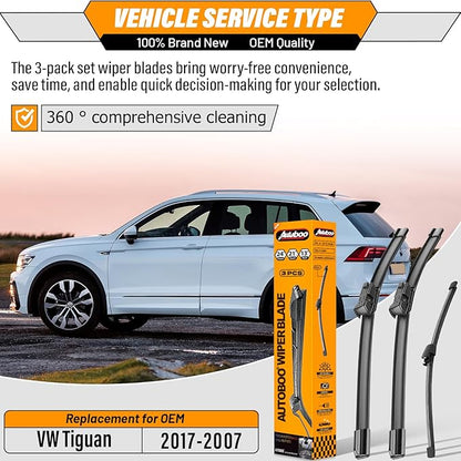AUTOBOO 24"+21" Windshield Wipers with 13" Rear Wiper Blade Replacement for Volkswagen VW Tiguan 2017 2016 2015 2014 2013 2012 2011 2010 2009 2008 2007-Original Factory Quality (Pack of 3)