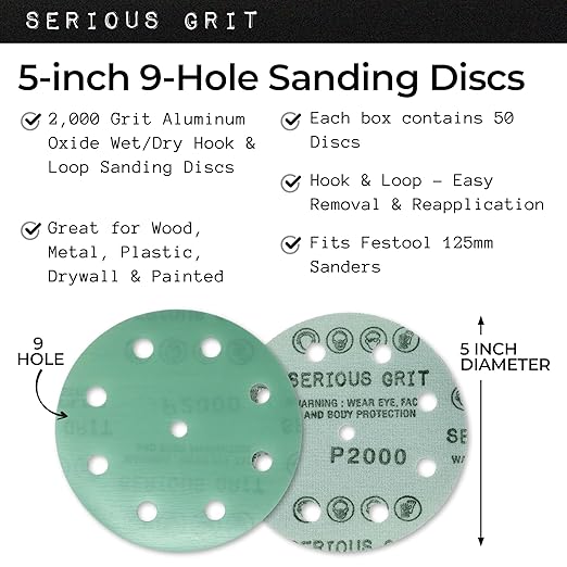 Serious Grit - 5-Inch 9-Hole 2000 Grit Sanding Discs - Heavy-Duty Hook & Loop Film Discs - Sandpaper for Random Orbital Sanders - 50 Pack Box