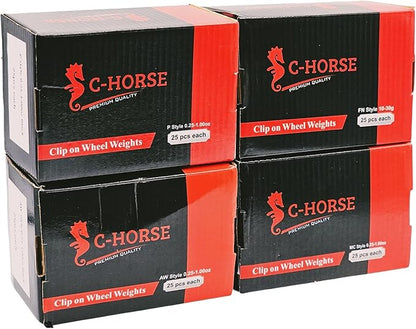 C-HORSE 400Psc Clip On Wheel Weights Black Coated Assortment - 4 Styles (AW, FN, MC, P)- Hammer Type Rim Balancers - 0.25oz, 0.5oz, 0.75oz, 1.0oz - 100Pcs for Each Style, Fits Steel & Aluminum Wheels