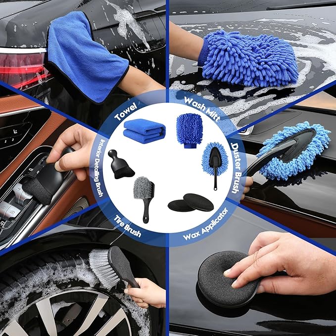 Qydipclin 38PcsB Car Detailing Kit, Car Detailing Brush Set, Car Wash Cleaning Kit, Car Detailing Brushes, Professional Car Care Kit for Interior Exterior Wheels, Blue