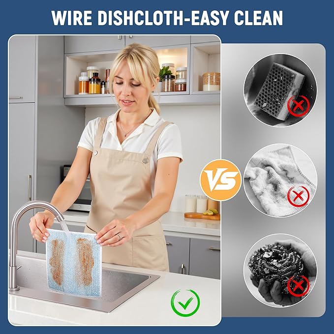 CJACJA Double Side Non Scratch Wire Dishcloth 15pcs-Multipurpose Wire Dishwashing Rags Wire Mesh Cleaning Cloth,Kitchen Towels and Dishcloths Sets Microfiber Cloth for Cleaning Pans Sinks & Cookware