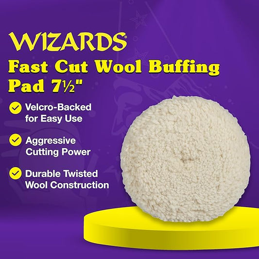 Wizards Fast Cut Wool Buffing Pad - Twisted Wool ‎and Velcro-Backed Wax Applicator Pad - for Auto Detailing, Cleaning and Protection - Aggressively Cuts Without Burning Paint - 7½" x 1"