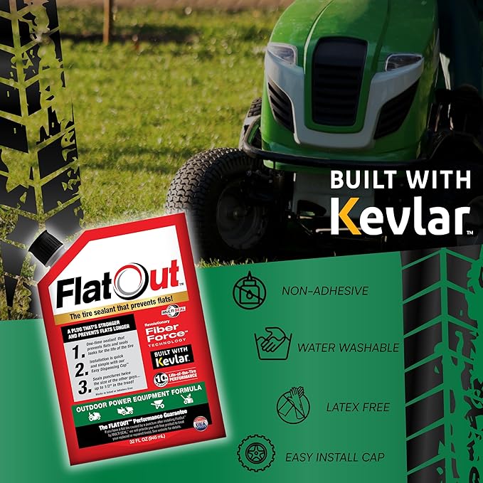 Flat Out Off Road Tire Sealant, Outdoor Power Equipment Formula, Prevents Flat Tires, Fix a Flat Tire, Seals Leaks, Contains Kevlar, 32 Ounce Bag, 4-Pack