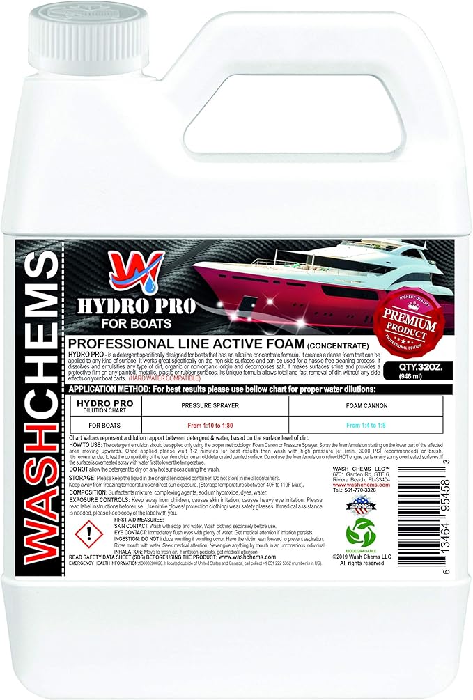 Wash Chems Hydro Pro Marine Vessel Detergent Soap (32 oz) Safe Commercial Grade Heavy-Duty Professional Boat Foam Cleaner Also Great for Jet Skis & Watercrafts