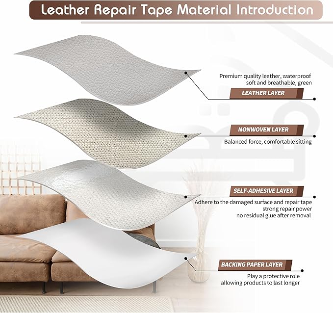 KING MOUNTAIN Leather Repair Patch,12 x 60 Inches self Adhesive Leather Repair Tape for Damaged Leather Furniture, Sofa Seating,Car Seats, Leather Goods（Light Grey）