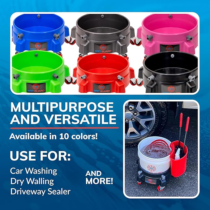Grit Guard Bucket Dolly with Wheels - Rolling Detailing Wash Bucket with 5 Wheels and 2 Locking Casters Compatible with 2.5, 4, 5 and 6 Gallon Buckets (Red, 2" Red Casters)
