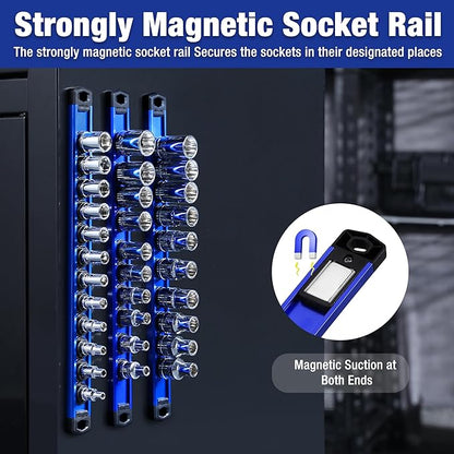 WORKPRO Magnetic Socket Organizer, 1/4-Inch Drive Aluminum Alloy Sockets Rail, Heavy Duty Sockets Holder, Socket Rack Kit 1/4-Inch x 12 Clips (Blue)