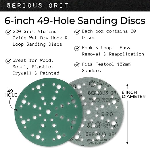Serious Grit - 6-Inch 49-Hole 220 Grit Sanding Discs - Heavy-Duty Hook & Loop Film Discs - Sandpaper for Random Orbital Sanders - 50 Pack Box