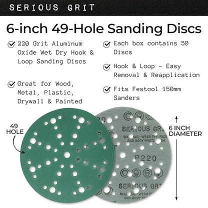 Serious Grit - 6-Inch 49-Hole 220 Grit Sanding Discs - Heavy-Duty Hook & Loop Film Discs - Sandpaper for Random Orbital Sanders - 50 Pack Box