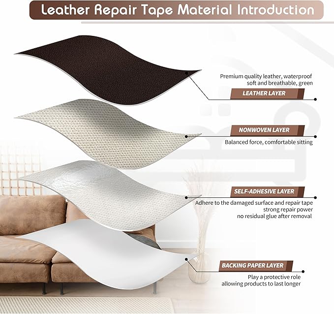 KING MOUNTAIN Leather Repair Patch,16 x 60 Inches self Adhesive Leather Repair Tape for Damaged Leather Furniture, Sofa Seating,Car Seats, Leather Goods（Fine Grained Dark Brown）