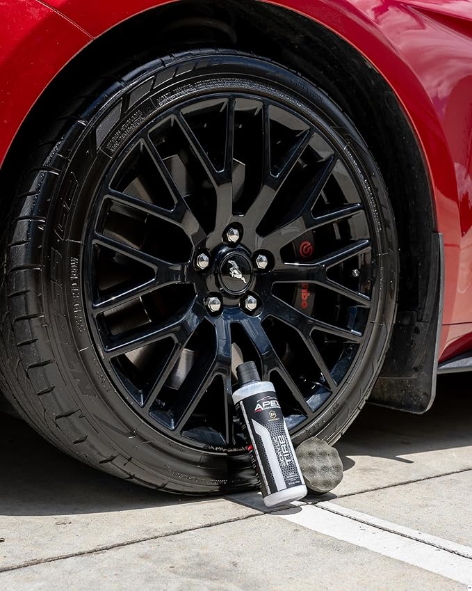 Apex Acrylic Tire Shine and Tire Shine Applicator - 16 oz Semi-Permanent - 6+ Months Durability - Easy to Apply - Fast Drying Car Tire Shine - No Sling - Glossy - Extreme Tire Dressing - Made in USA