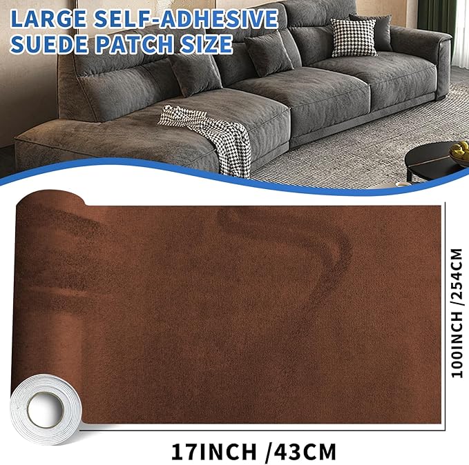 17x100inch Suede Repair Patch, Large Faux Suede Leather Fabric，Self-Adhesive Fabric Patches for Furniture, Couch, Sofa, Car Interior, Shoes, Hand Bag, Jewelry Boxes ﻿ (Brown,)