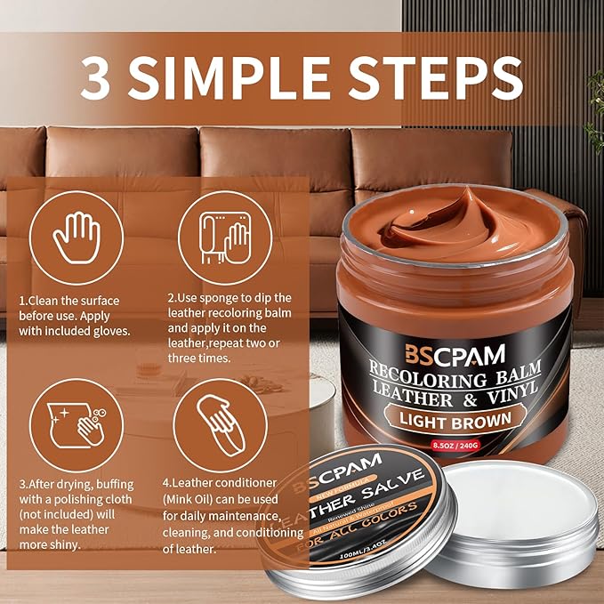 BSCPAM Light Brown Leather Recoloring Balm with 100ml Mink Oil,Leather Couch Scratch Remover,Leather Repair kit for Vinyl Furniture and Car Interior,Leather Dye Paint,Mink Oil for Leather