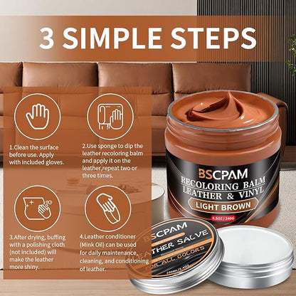 BSCPAM Light Brown Leather Recoloring Balm with 100ml Mink Oil,Leather Couch Scratch Remover,Leather Repair kit for Vinyl Furniture and Car Interior,Leather Dye Paint,Mink Oil for Leather