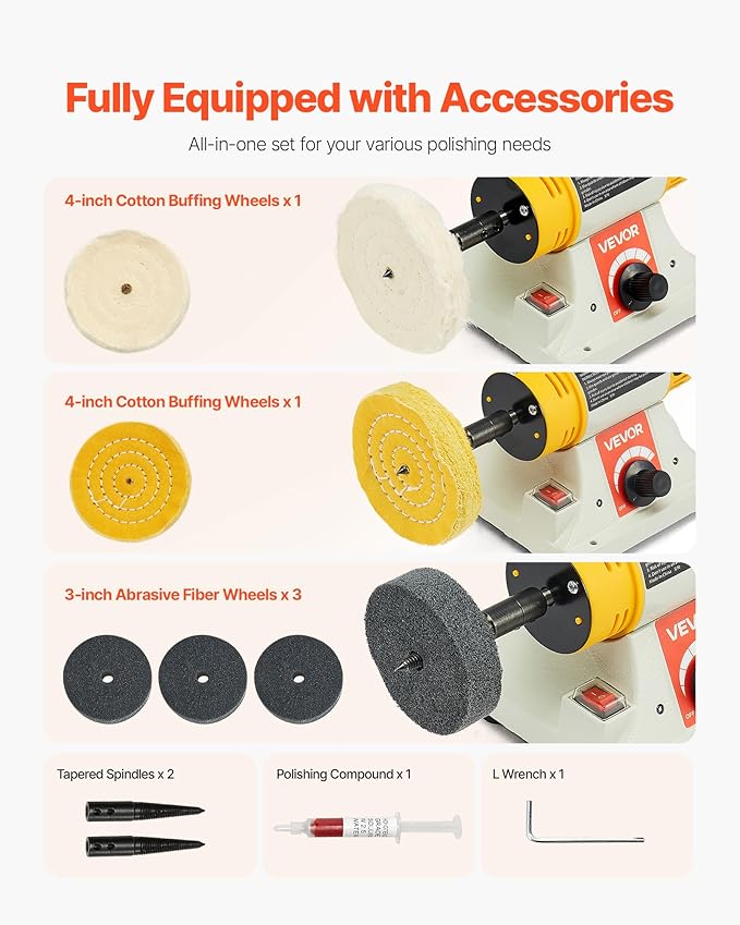 VEVOR Bench Buffer Polisher, 1/2HP Polishing and Buffing Machine, 0 to 8000RPM Benchtop Polisher with 2PCS 4" Cotton Wheel, 3PCS 3" Abrasive Fiber Wheels & Polishing Compound for Metal Jewelry Wood