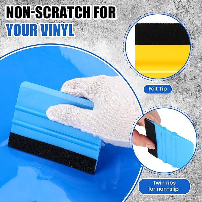 Lasnten 100 Pcs Squeegee for Vinyl Decal Tools 4 Inch Felt Edge Squeegee for Car Window Windshield Glass Cleaning Tool Vinyl Scraper Applicator Tool with Black Fabric Felt Edge, Blue Yellow