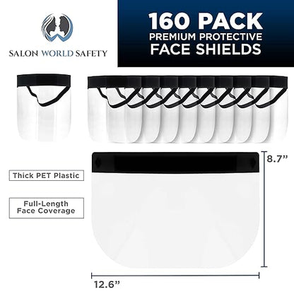Salon World Safety 160 Black Face Shields (40 Packs of 4) - Ultra Clear Protective Full Face Shields to Protect Eyes, Nose and Mouth - Anti-Fog PET Plastic, Elastic Headband - Sanitary Droplet Guard