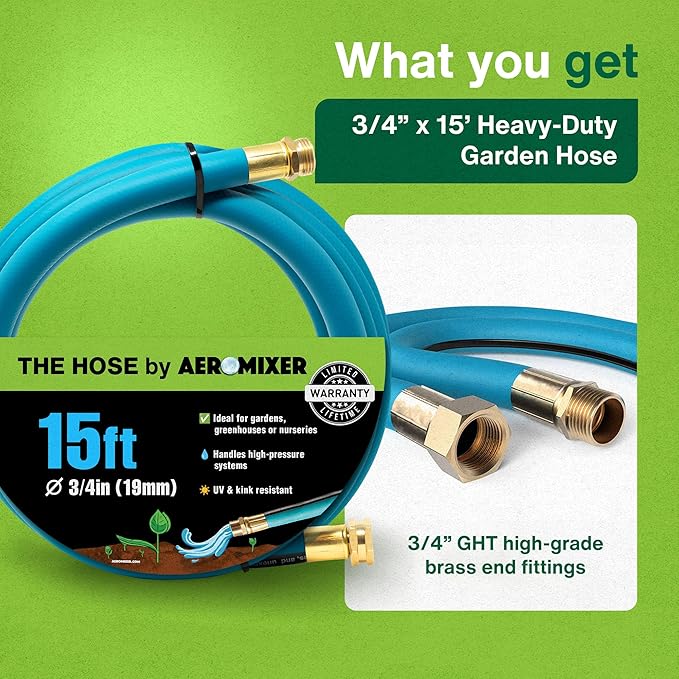 Aeromixer THE HOSE - 3/4 Inch Garden Hose 15 Feet, Kinkless Commercial Garden Hoses, Heavy Duty Industrial Water Hoses for Outdoors, 650 PSI High-Pressure Watering Tool for Farming and Gardening