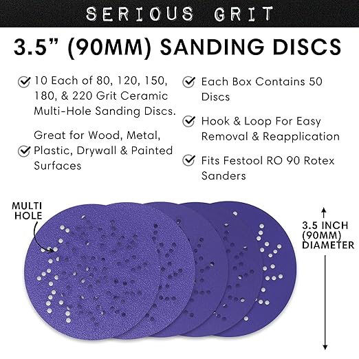 Serious Grit - 3.5-Inch (90mm) Assorted Grit (80-220) Sanding Discs - Advanced Ceramic Grain - Universal Multi-Hole Design Fits Festool RO 90 Sanders - Heavy-Duty Hook & Loop Film Discs - 50 Pack