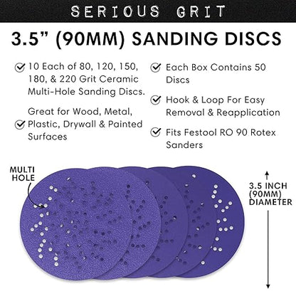 Serious Grit - 3.5-Inch (90mm) Assorted Grit (80-220) Sanding Discs - Advanced Ceramic Grain - Universal Multi-Hole Design Fits Festool RO 90 Sanders - Heavy-Duty Hook & Loop Film Discs - 50 Pack