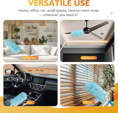 60PCS Fluffy 360° Heavy Duty Duster Refills fits Swiffer Duster, 4X Dust Capture Power, Unscented Disposable Electrostatic Dusters with 3ft Extended Handle for Furniture, Electronics, Blinds