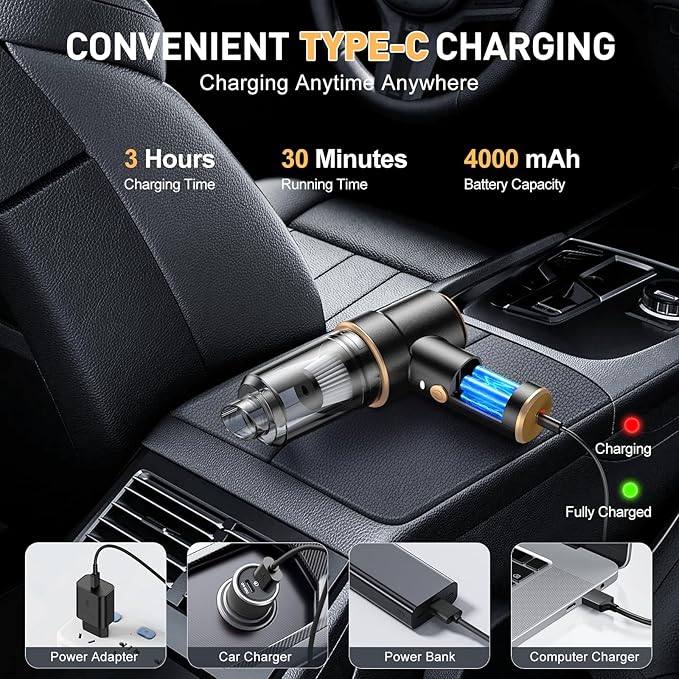 KMM Handheld Car Vacuum Cleaner, 11000PA Vacuum Cleaner & Air Duster, 120W High Power Vacuum Portable Cordless, Hand Held Vacuum Rechargeable with Multi-Nozzles & LED Light for Home, Car, Office