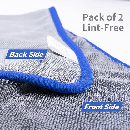 SHSCLY Car Drying Towels, Microfiber 2-Pack (29"x33"), Ultra Absorbent & Scratch-Free, Thick Twist Pile for Auto Detailing & Water Removal, Grey with Blue Trim