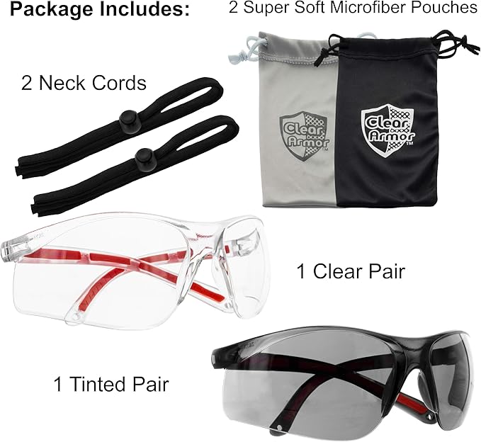 Safety Glasses Eye Protection - Comfort Eyewear - 2 Pair, 2 Neck Cords, 2 Cases - SuperLite and Super Clear Lens Technology, Z87.1 - CE 166 Certified