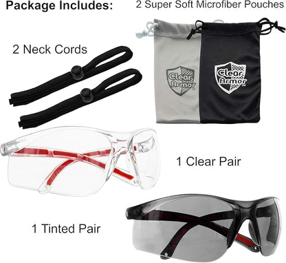 Safety Glasses Eye Protection - Comfort Eyewear - 2 Pair, 2 Neck Cords, 2 Cases - SuperLite and Super Clear Lens Technology, Z87.1 - CE 166 Certified
