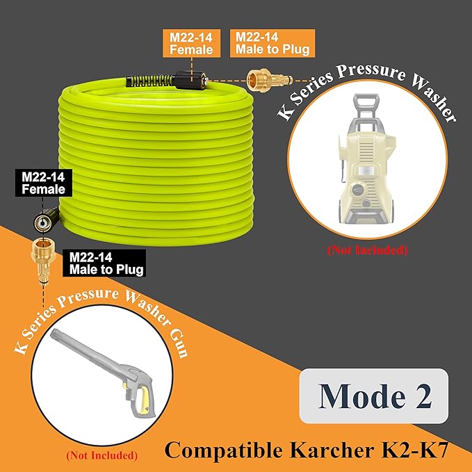 M MINGLE Pressure Washer Hose 50 FT x 1/4", Kink Resistant Power Washer Hose with M22-14 Male Thread to Plug, Compatible with Karcher K2 K3 K4 K5 K6 K7, 3600PSI